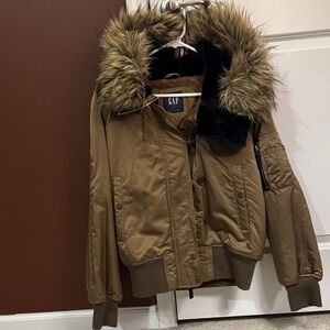 GAP Women's Tan Bomber Jacket with Fur Hood
